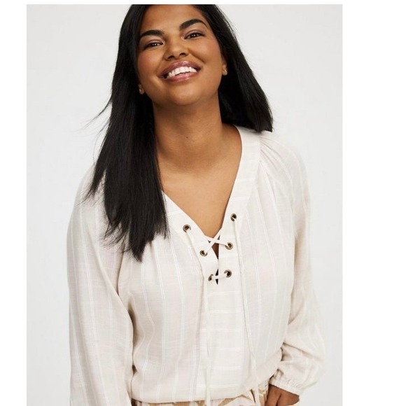 torrid Tops - Torrid Lace Up V Neck Long Sleeve Blouse Ivory Stripe Size 0X L 12 Flowy NWT
